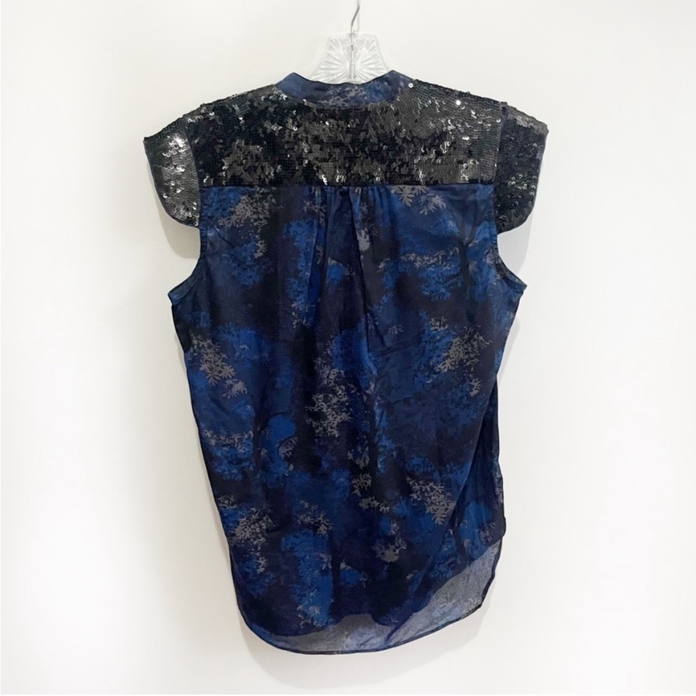 French Connection top blue black floral trees sequins cap sleeves buttons - Picture 8 of 8